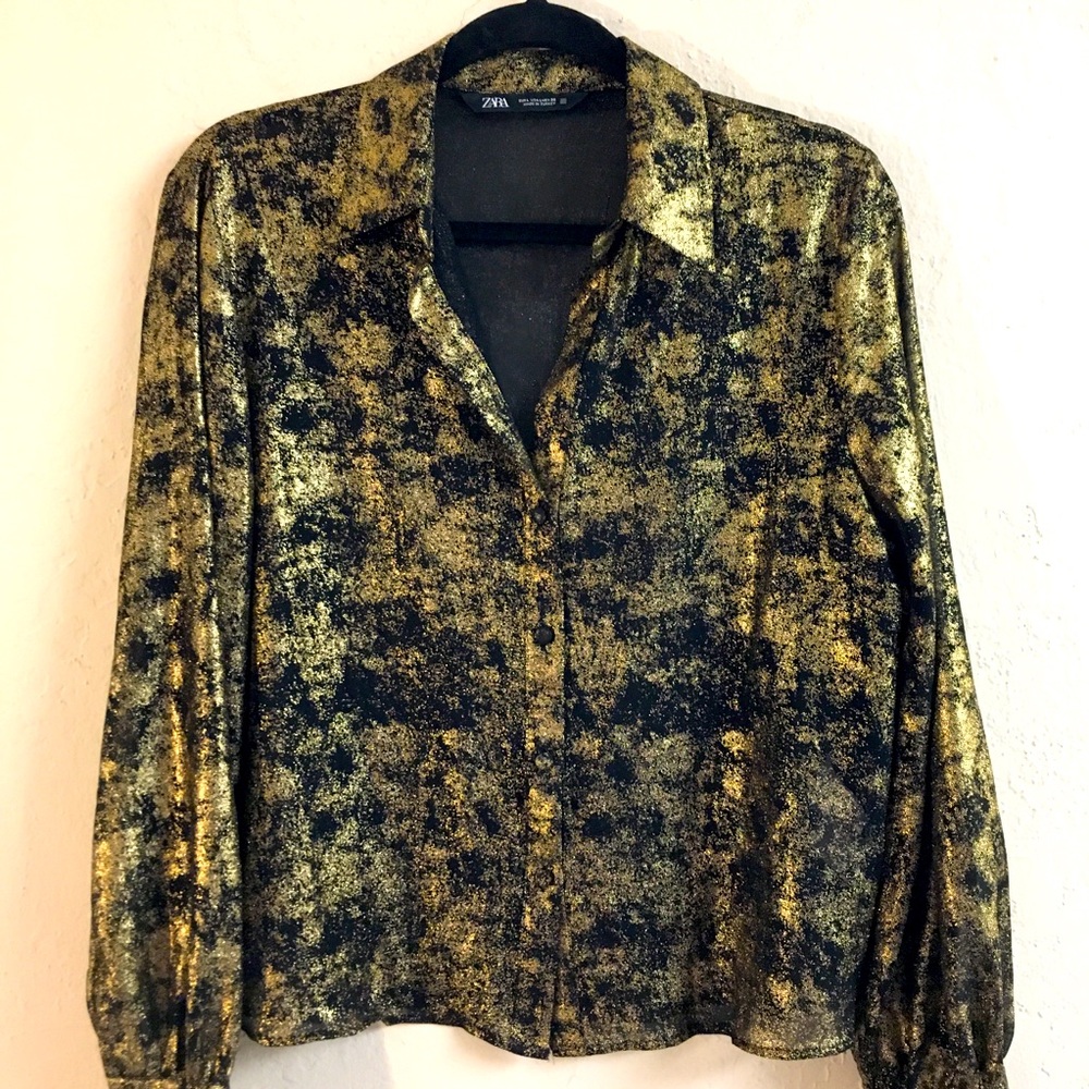 Zara Long Sleeve Sheer Button Down Blouse Large Gold Black